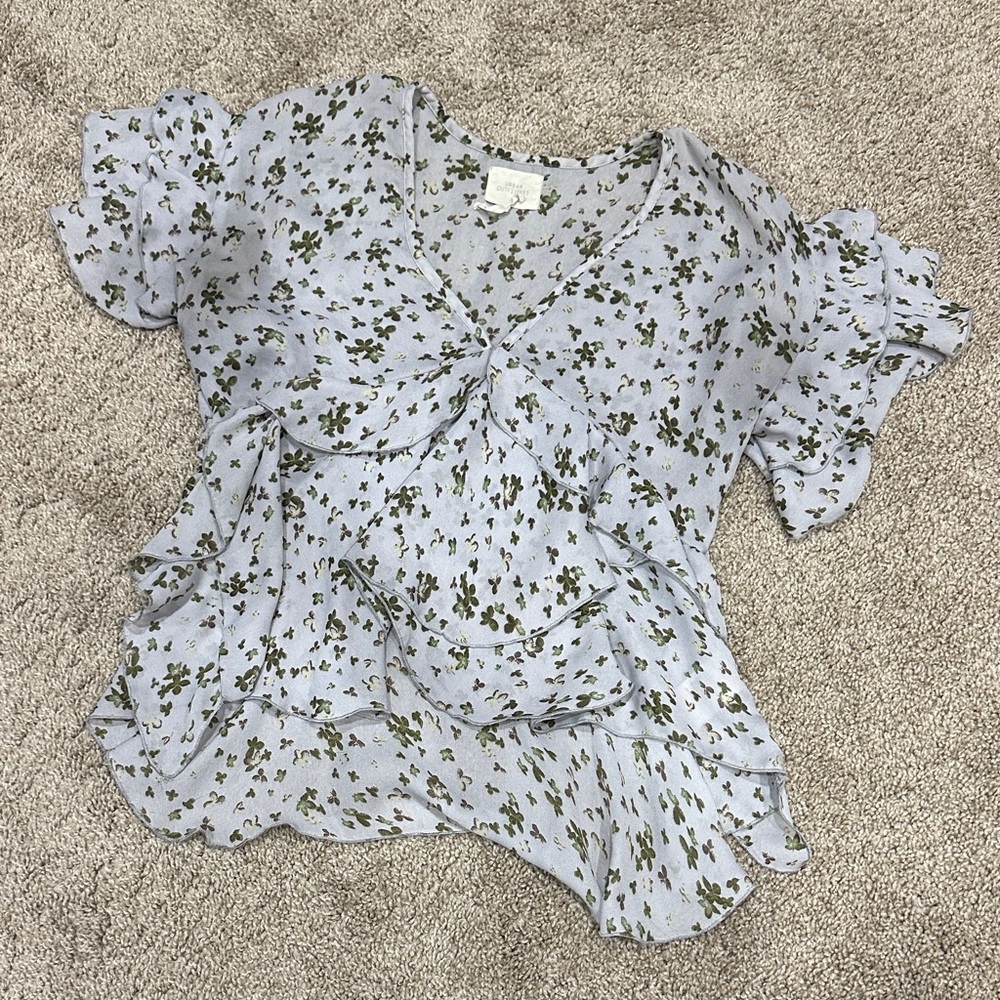 Urban Outfitters Floral Ruffle Blouse - Light Blue and Green